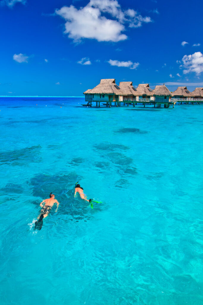 Island Escapes Bora Bora Tahiti Holidays Couple snorkeling in the blue lagoon Bora Bora South Pacific