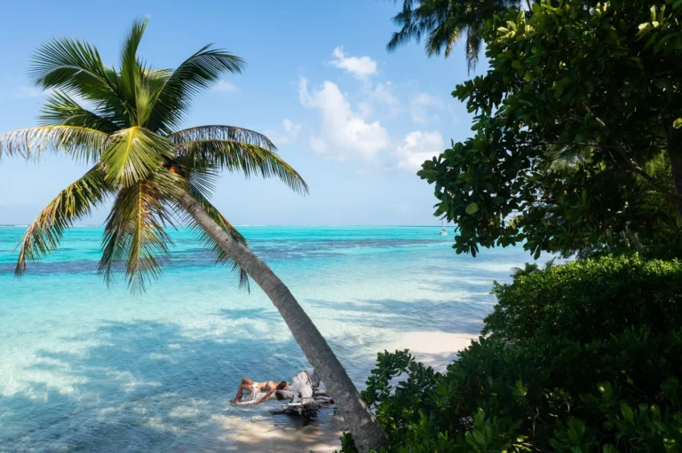 Motu Nao Nao private beach palm tree couple lagoon RaiateaTahiti Resorts Island Escapes
