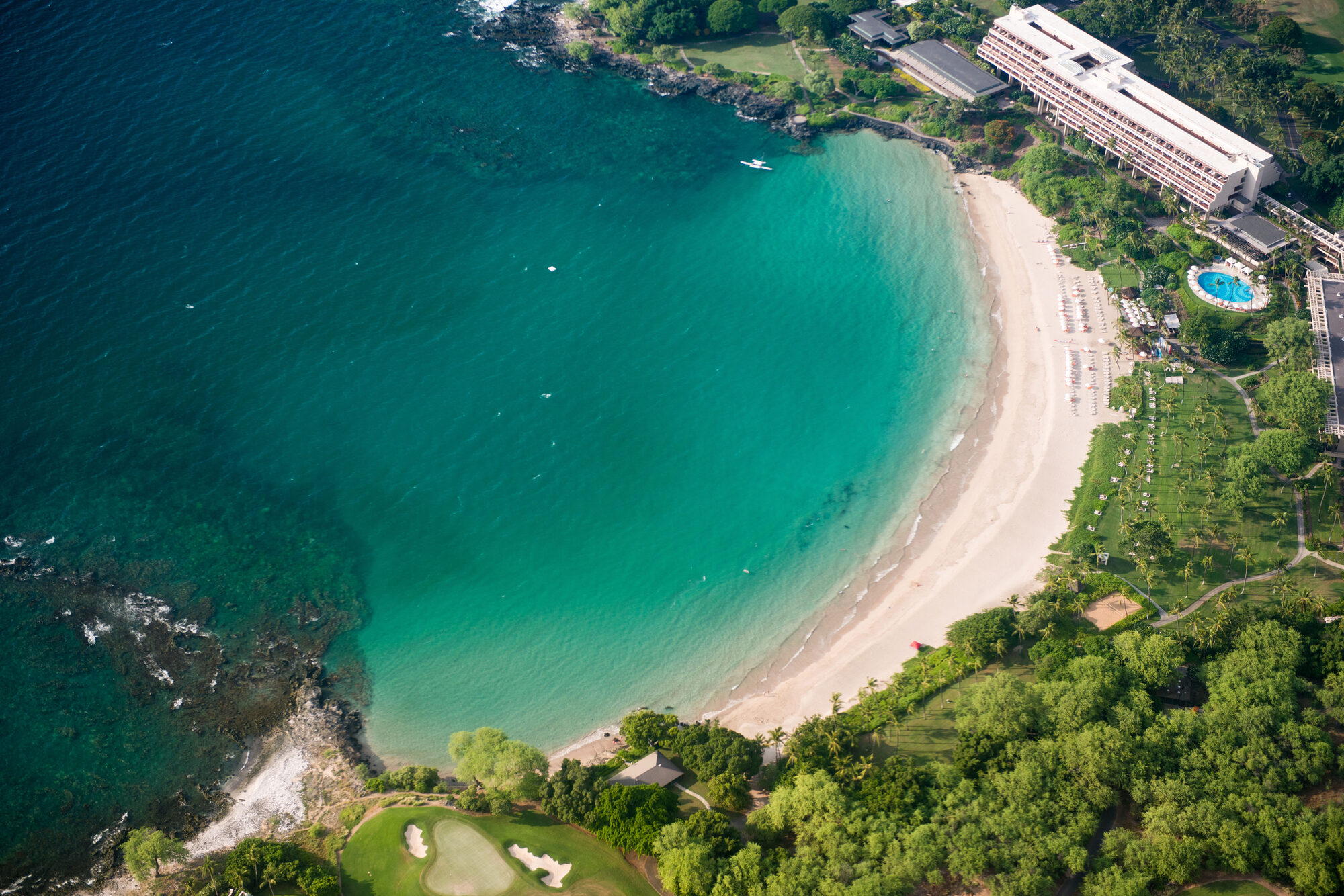 Hawaii Island Big Island of Hawaii aerial view of mauna kea beach hotel and kaunaoa bay west ihvb 0349