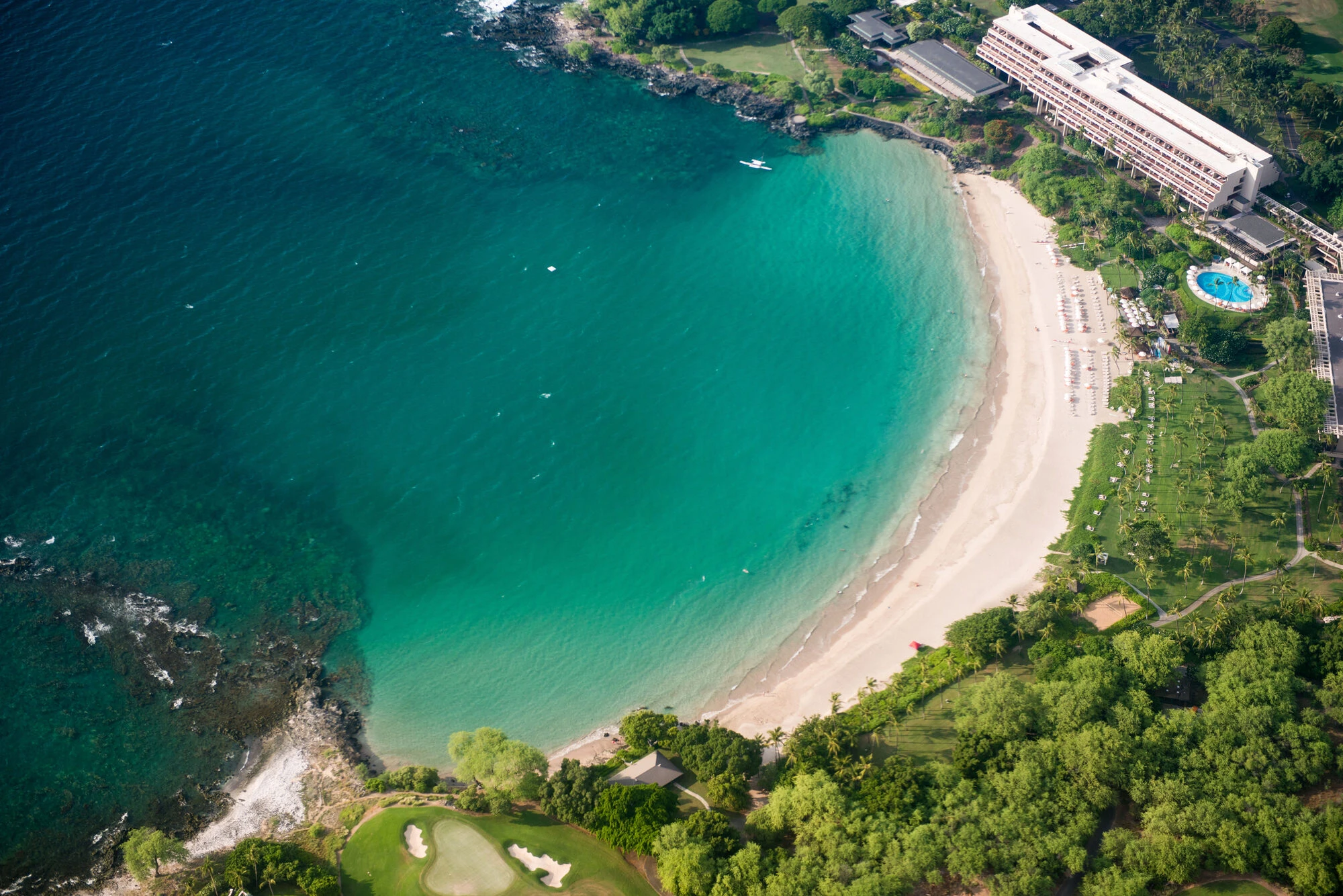 Hawaii Island Big Island of Hawaii aerial view of mauna kea beach hotel and kaunaoa bay west ihvb 0349