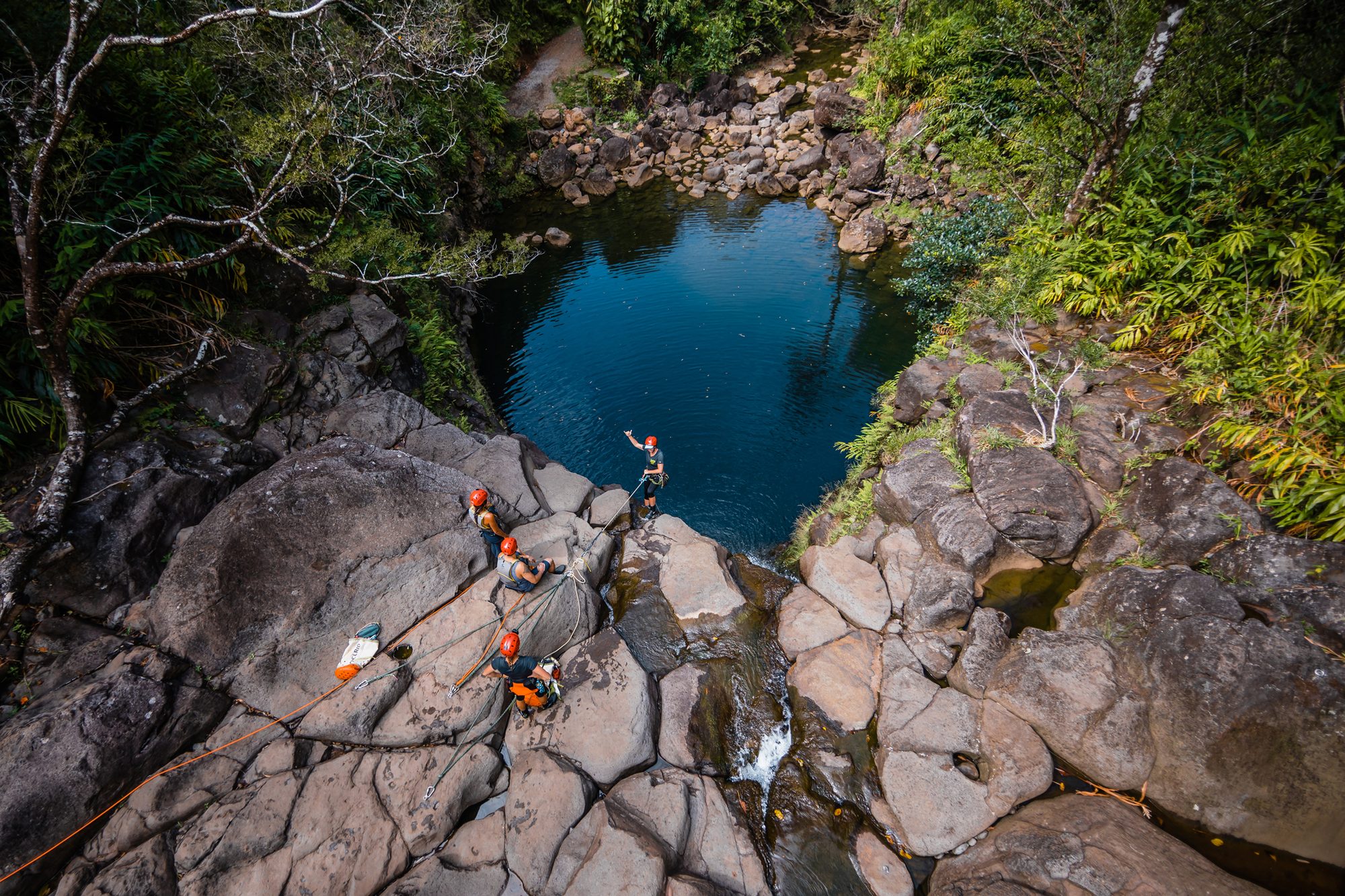 Aerial of waterfall rappelling near Hāna, Maui, Hawaii