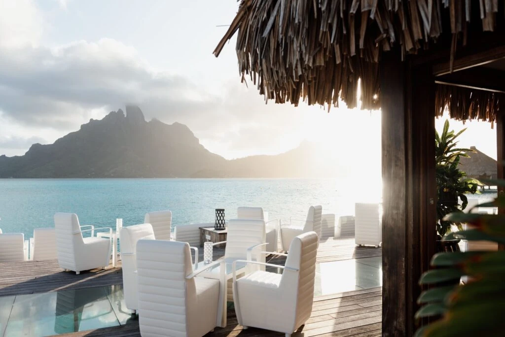 Sunset from the terrace at The St. Regis Bora Bora with Mount Otemanu across the lagoon