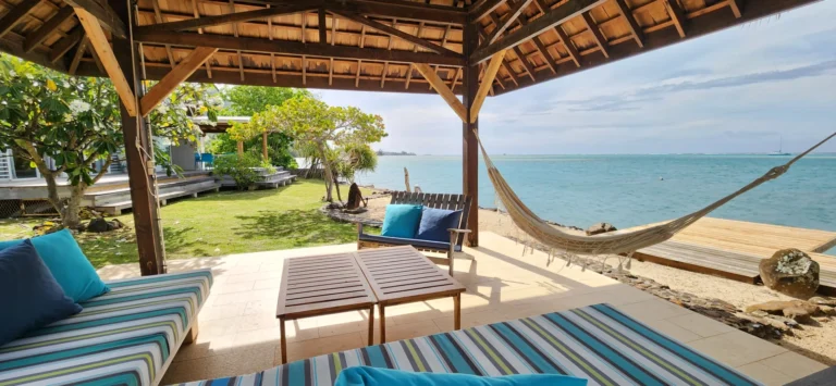 Hammock and daybed in the Fare Pote'e at Villa Vaihau, looking over the lagoon