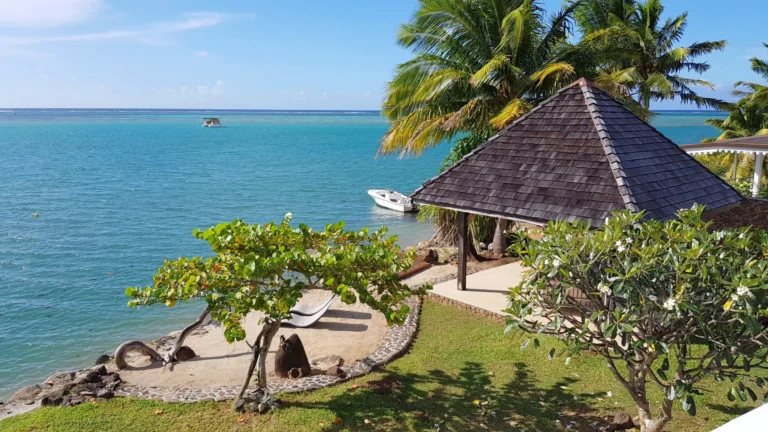 Villa Vaihau Moorea from above, with the lagoon, dock and covered Fare Pote'e in the garden